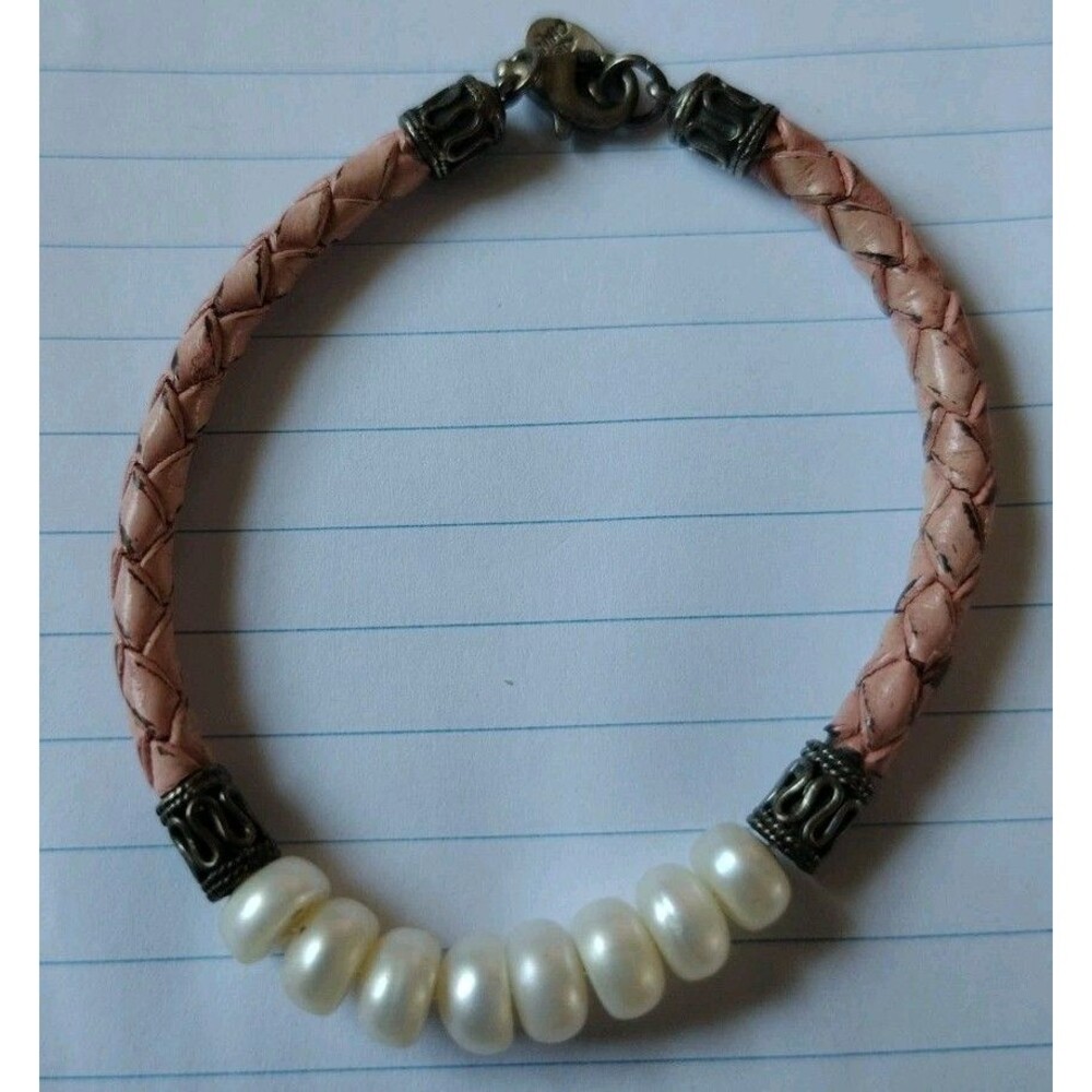 Vintage Honora Button Pearl Beaded Sterling 925 Braided Camel  Leather Bracelet - Picture 2 of 3